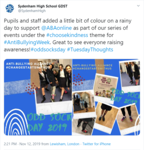 Sydenham High Anti-Bullying Week 2019 tweet