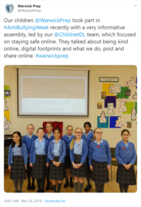 Warwick Prep Anti-Bullying Week tweet